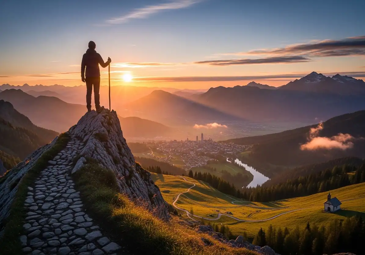 A person hiking on a mountain trail at sunset in a scenic landscape.